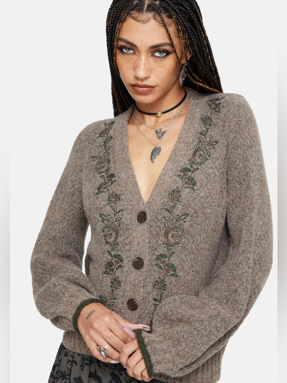 Disturbia Sao Thistle Embroidered Knit Cardigan | L